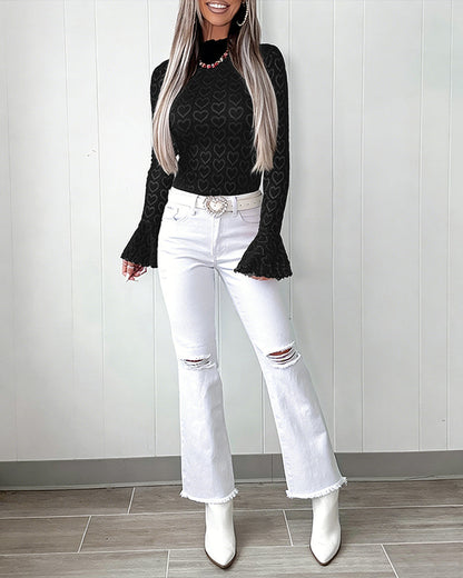CHICME Women's Heart Jacquard Knit Top Mock Neck Long Sleeve Flare Cuff Slim Fit Blouse with Frill Trim and Hollow-out Details