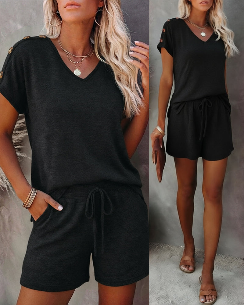 Women's V Neck Short Sleeve Top and Drawstring Shorts Set Casual Loose Fit Loungewear Two Piece Outfit with Pockets
