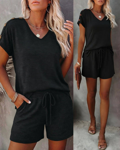Women's V Neck Short Sleeve Top and Drawstring Shorts Set Casual Loose Fit Loungewear Two Piece Outfit with Pockets