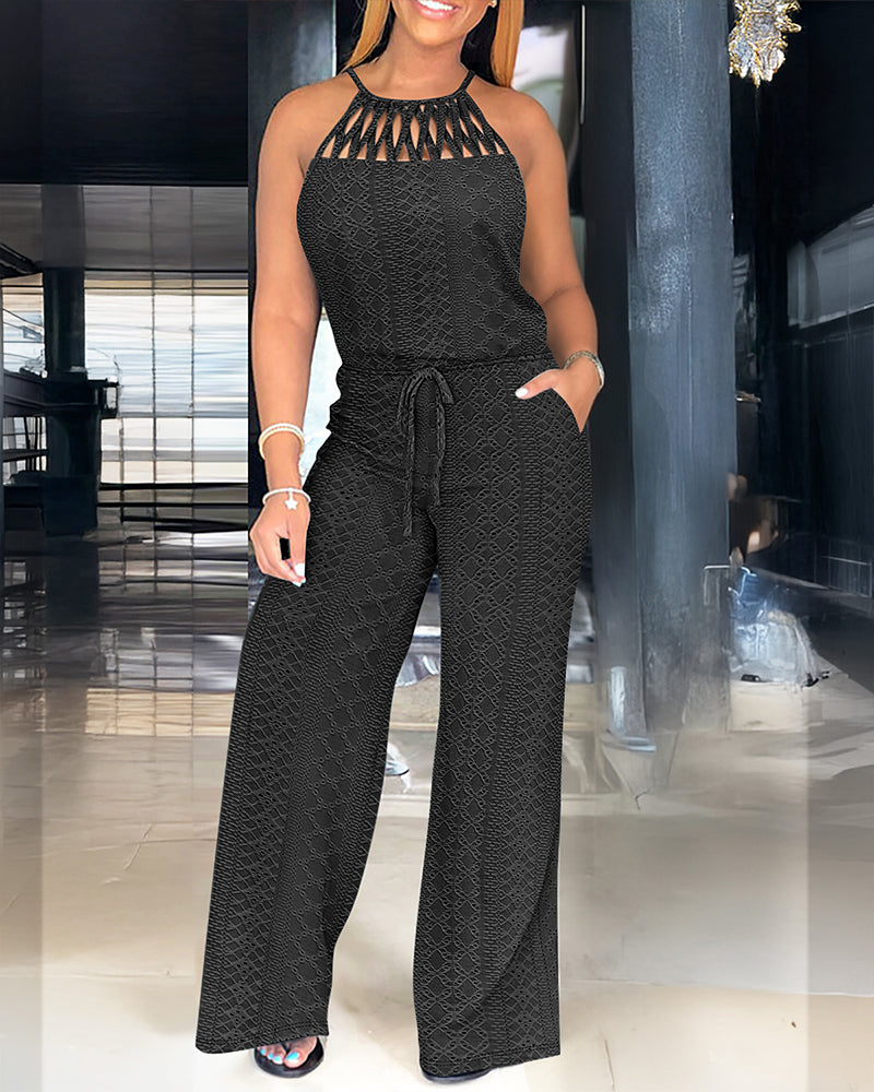 CHICME Women's Halter Tie Knit Jacquard Jumpsuit Hollow-Out Criss-Cross Front Wide-Leg Romper with Adjustable Drawstring Waist