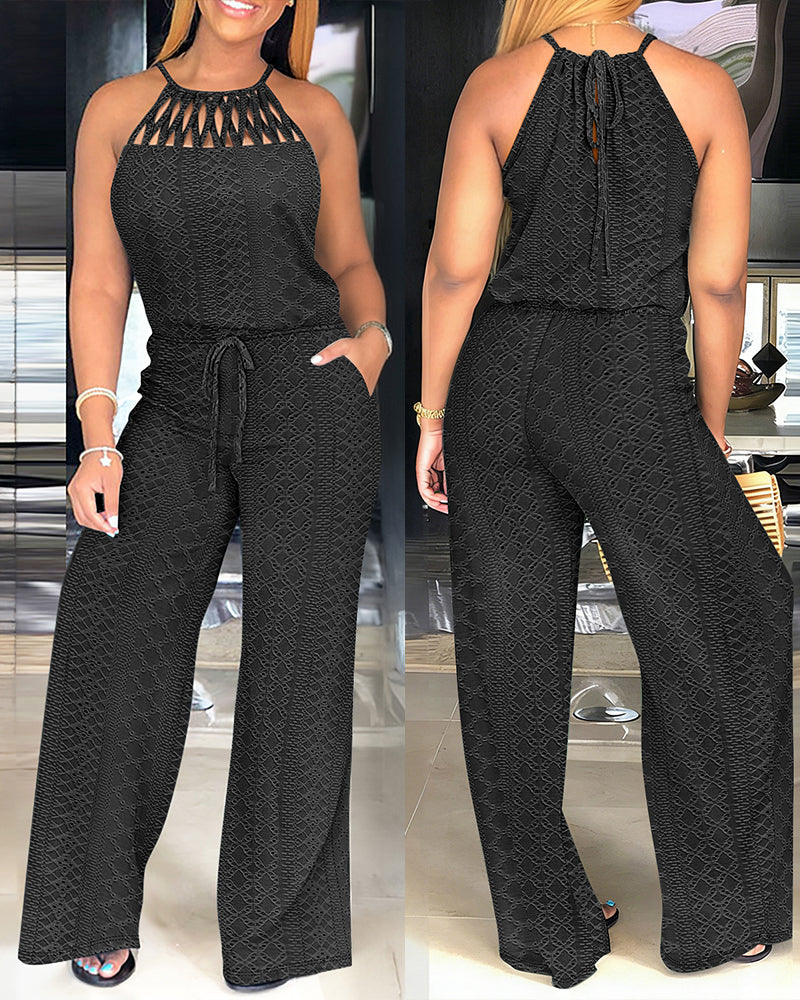 CHICME Women's Halter Tie Knit Jacquard Jumpsuit Hollow-Out Criss-Cross Front Wide-Leg Romper with Adjustable Drawstring Waist