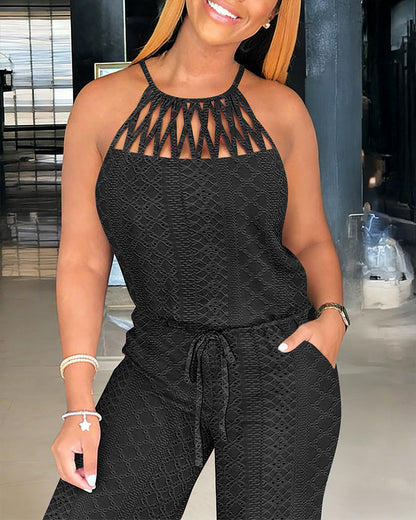 CHICME Women's Halter Tie Knit Jacquard Jumpsuit Hollow-Out Criss-Cross Front Wide-Leg Romper with Adjustable Drawstring Waist