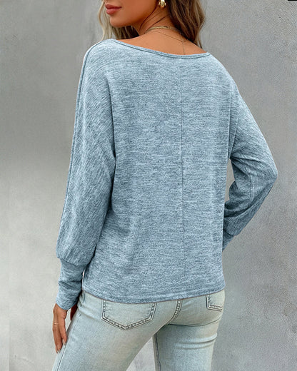 Women's Convertible Shoulder Batwing Sleeve Top Long Sleeve Loose Fit Casual Knit Tee