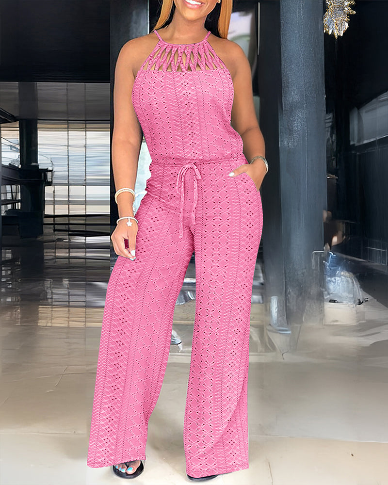 CHICME Women's Halter Tie Knit Jacquard Jumpsuit Hollow-Out Criss-Cross Front Wide-Leg Romper with Adjustable Drawstring Waist