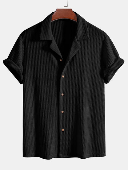 Short Sleeve Knit Waffle Cuban Shirt & Straight Linen Pants
