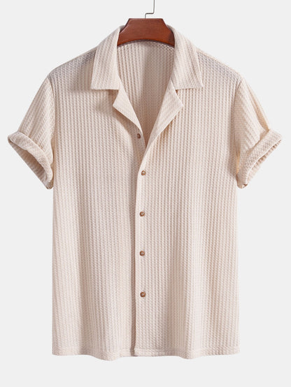 Short Sleeve Knit Waffle Cuban Shirt & Straight Linen Pants