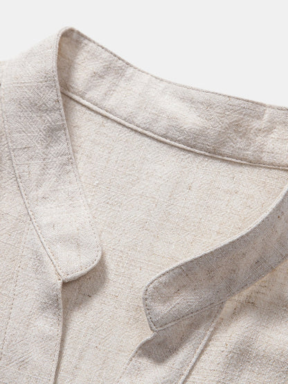V-Neck Linen-Rayon Blend Shirt & Straight-Leg Linen Pants