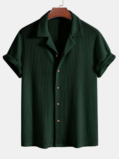 Short Sleeve Knit Waffle Cuban Shirt & Straight Linen Pants