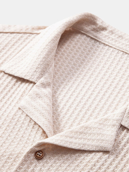 Short Sleeve Knit Waffle Cuban Shirt & Straight Linen Pants