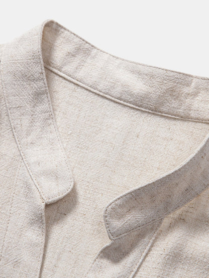 Short Sleeve V-Neck Linen Rayon Blend Shirt
