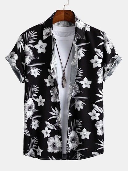 Tropical Floral Print Button-Up Shirt & Swim Shorts