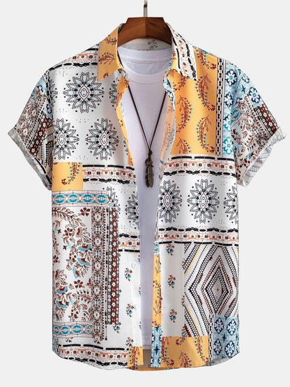 Scarf Print Button-Up Shirt & Swim Shorts