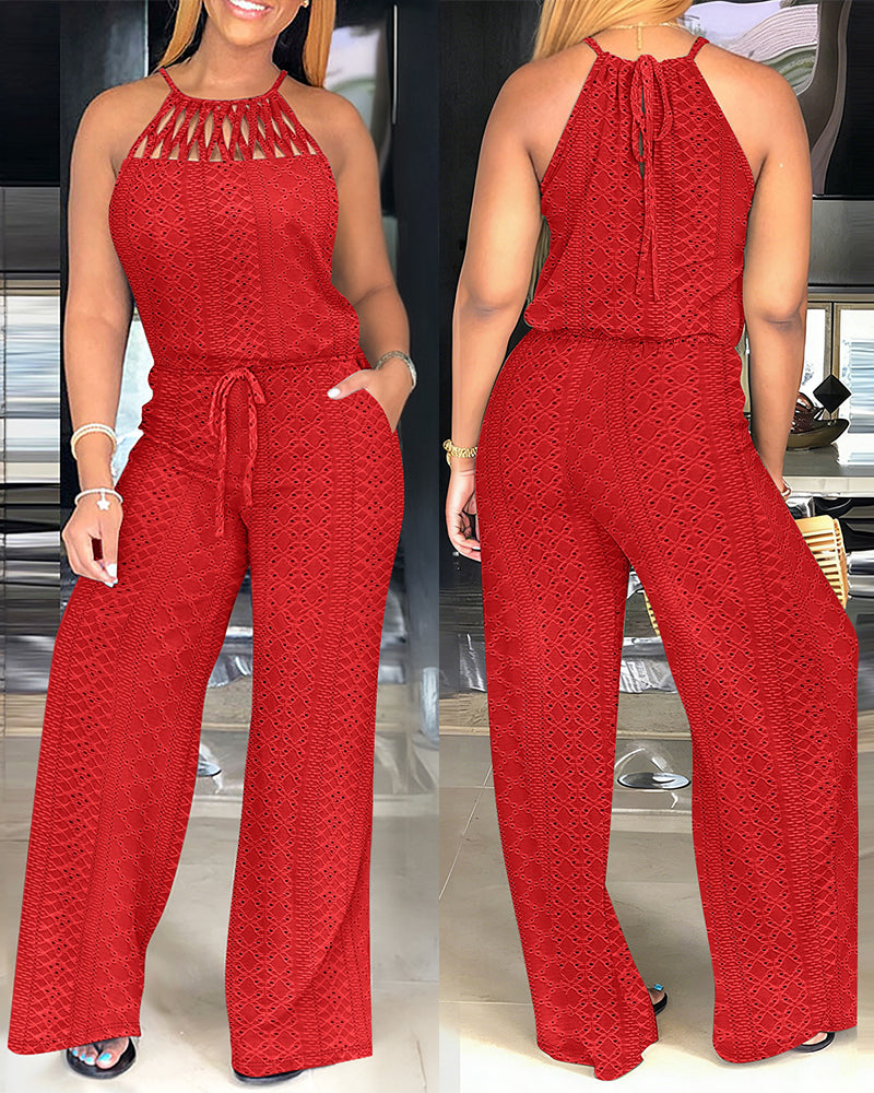 CHICME Women's Halter Tie Knit Jacquard Jumpsuit Hollow-Out Criss-Cross Front Wide-Leg Romper with Adjustable Drawstring Waist