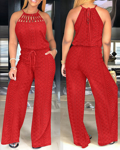 CHICME Women's Halter Tie Knit Jacquard Jumpsuit Hollow-Out Criss-Cross Front Wide-Leg Romper with Adjustable Drawstring Waist