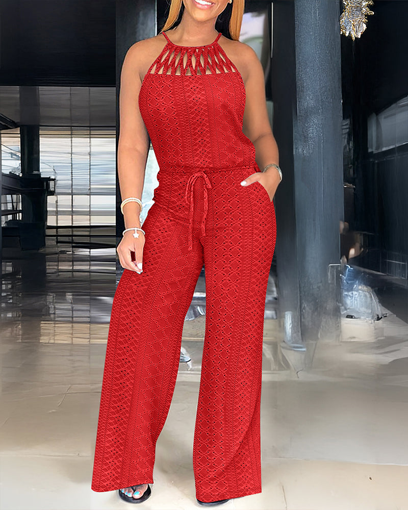 CHICME Women's Halter Tie Knit Jacquard Jumpsuit Hollow-Out Criss-Cross Front Wide-Leg Romper with Adjustable Drawstring Waist