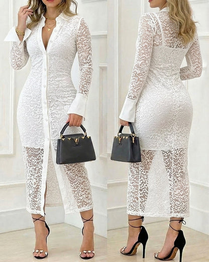 CHICME Women's Stand Collar Floral Lace Mid-length Dress Long Sleeve Button Down Bodycon Dress with Cami Lining Set