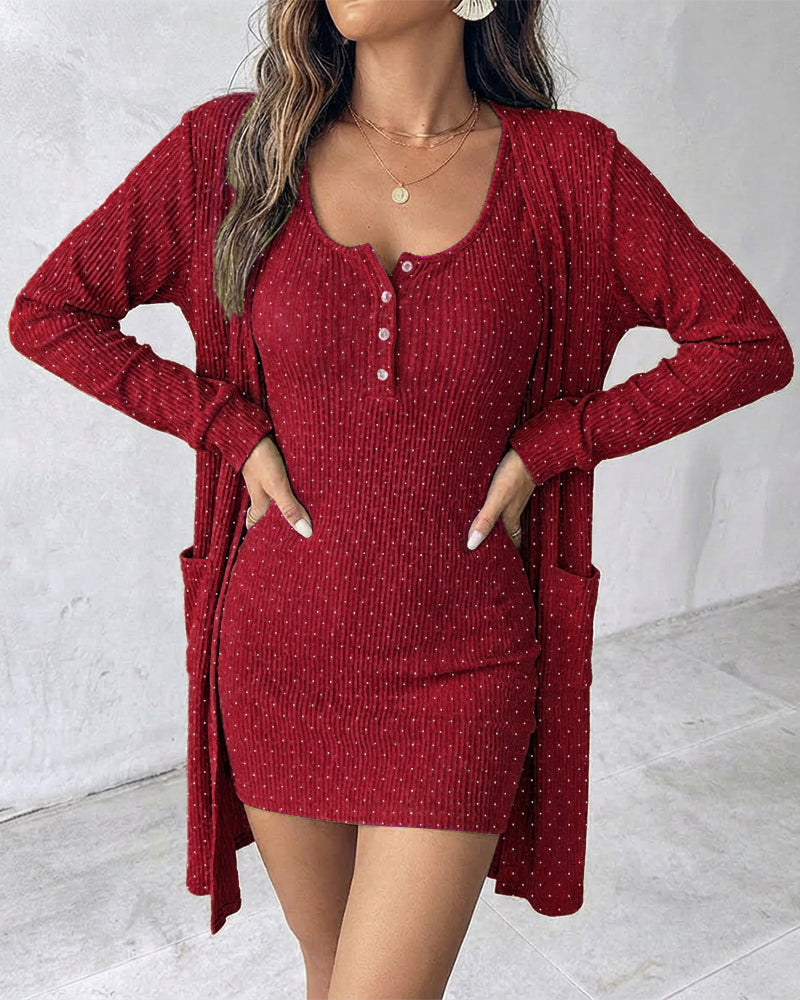 2 Pieces Outfit U-Neck Half Button Front Slim Fit Mini Tank Dress and Long Sleeve Pockets Design Cardigan Casual Rhinestone Decor Textured Set