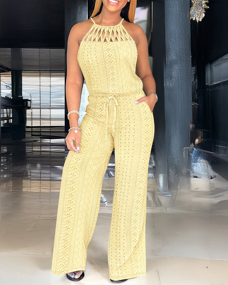 CHICME Women's Halter Tie Knit Jacquard Jumpsuit Hollow-Out Criss-Cross Front Wide-Leg Romper with Adjustable Drawstring Waist
