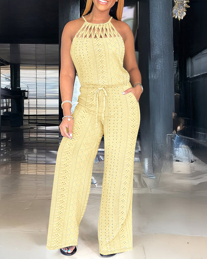 CHICME Women's Halter Tie Knit Jacquard Jumpsuit Hollow-Out Criss-Cross Front Wide-Leg Romper with Adjustable Drawstring Waist