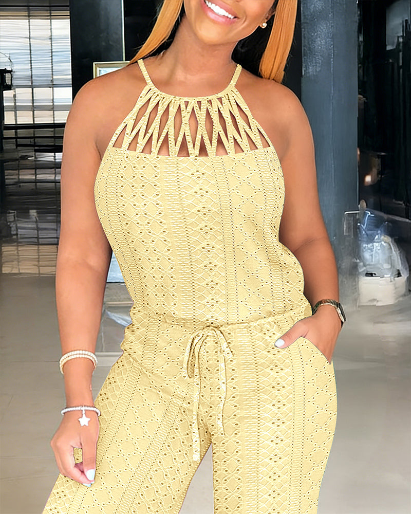 CHICME Women's Halter Tie Knit Jacquard Jumpsuit Hollow-Out Criss-Cross Front Wide-Leg Romper with Adjustable Drawstring Waist